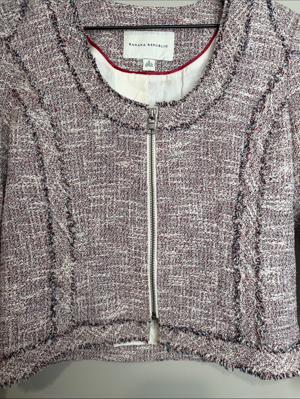 Banana Republic Burgundy and Navy tweed zip-front jacket 4 - Picture 5 of 10